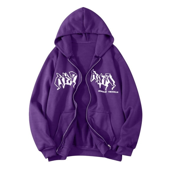 Wangmeiwg Women's Sweatshirts Women's Hoodies & Sweatshirts Zip Up Hop Sweatshirt Print Hooded Jacket Street Fashion Unisex Drawstring Sweat Jacket 90s E Girl Top Purple L