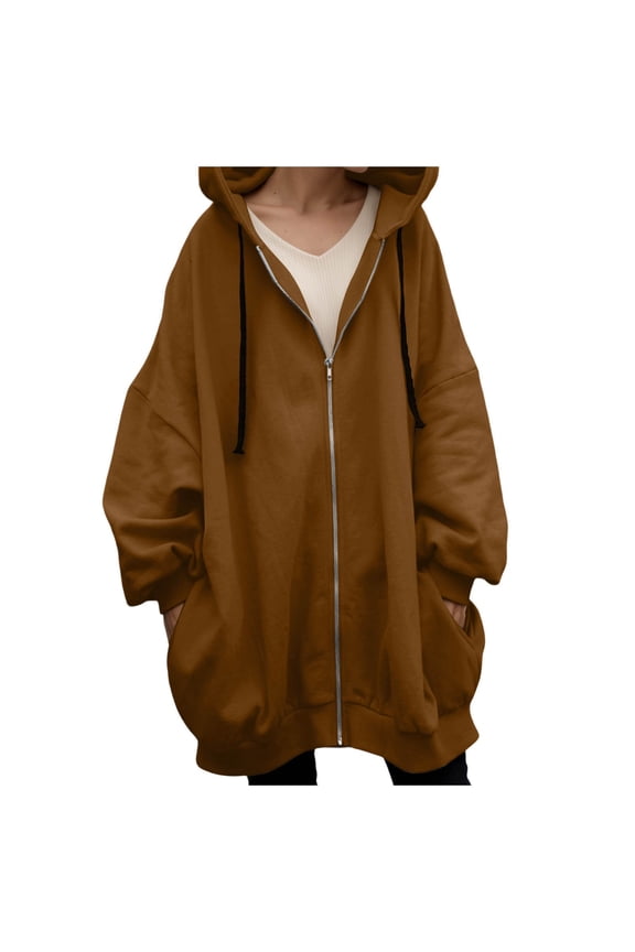 Women's Sweatshirts Women's Jacket Winter Warm Zip Up Hooded Long Coat Casual Streetwear Outerwear and Cold Temperatures Coffee M