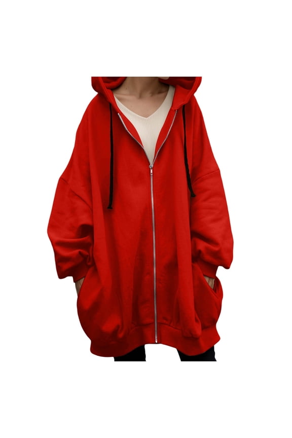 Women's Sweatshirts Women's Jacket Winter Warm Zip Up Hooded Long Coat Casual Streetwear Outerwear and Cold Temperatures Red S