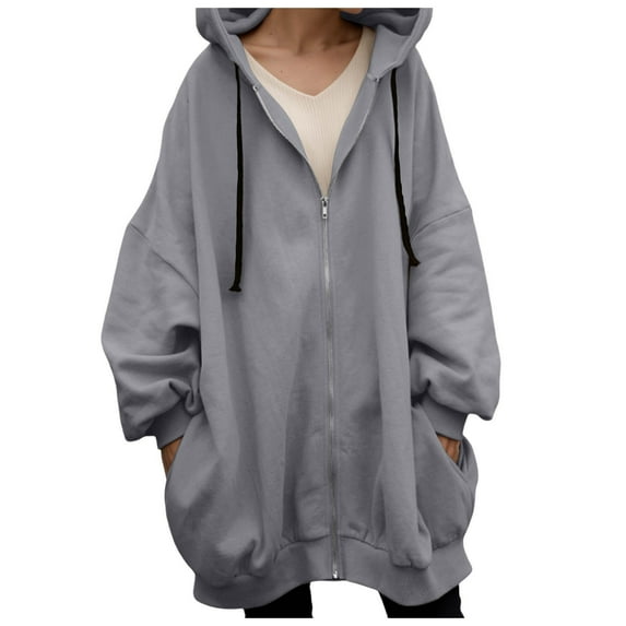 Wangmeiwg Women's Sweatshirts Women's Jackets - Cozy Zip Up Hooded Long Coat for Casual Streetwear in Cold Weather and Fall Activities Grey 4XL