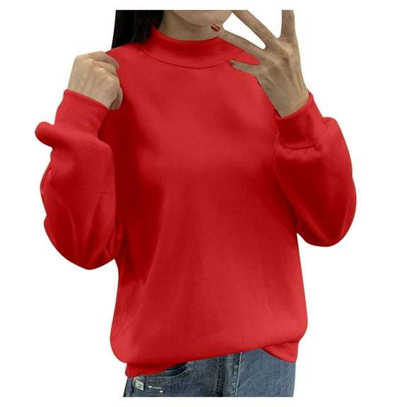 Wangmeiwg Women's Sweatshirts Women's Lined Turtleneck Pullover Loose Casual Long Sleeve Crew Neck Solid Color Hoodies Sweatshirt Top for Everyday Wear Red S