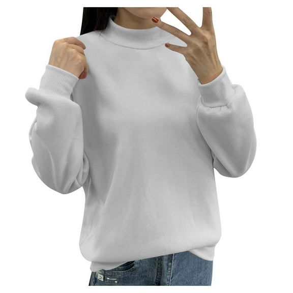 Wangmeiwg Women's Sweatshirts Women's Lined Turtleneck Pullover Loose Casual Long Sleeve Crew Neck Solid Color Hoodies Sweatshirt Top for Everyday Wear White M