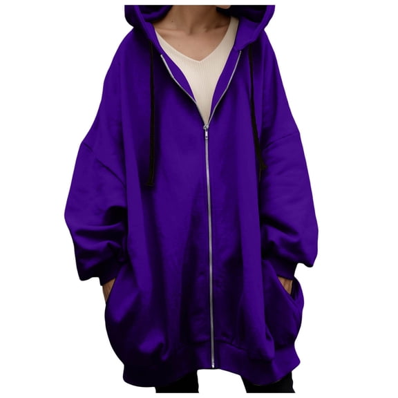 Wangmeiwg Women's Sweatshirts Women's Long Hooded Jacket Winter Warm Zip Up Coat Casual Streetwear Outerwear For Fall And Cold Weather Dark Purple 4XL
