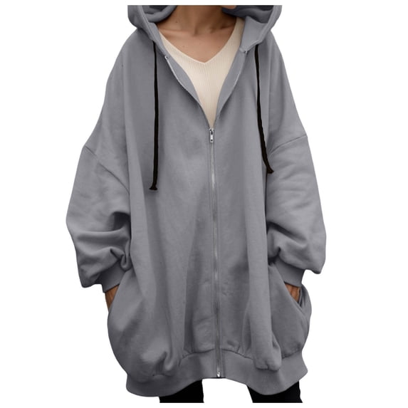 Wangmeiwg Women's Sweatshirts Women's Long Hooded Jacket Winter Warm Zip Up Coat Casual Streetwear Outerwear For Fall And Cold Weather Grey 4XL