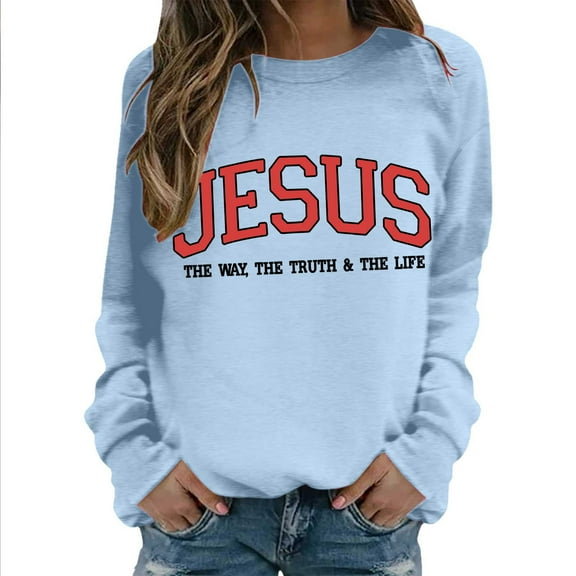 Wangmeiwg Women's Sweatshirts Women's Printed Round Neck Long Sleeve Pullover Sportswear Top Casual Comfortable Soft Stretch Athletic Wear for Everyday Light Blue L