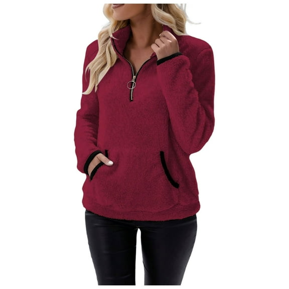 Wangmeiwg Women's Sweatshirts Women's Pullover Sweater Solid Color Half Zip Long Sleeved Hoodie for Everyday Comfort and Style Red XXL