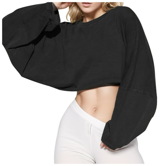 Wangmeiwg Women's Sweatshirts Women's T-Shirts Crew Neck Hoodie Short Sport Base T Shirt Knit Long Sleeve Top for and Casual Wear Black XS