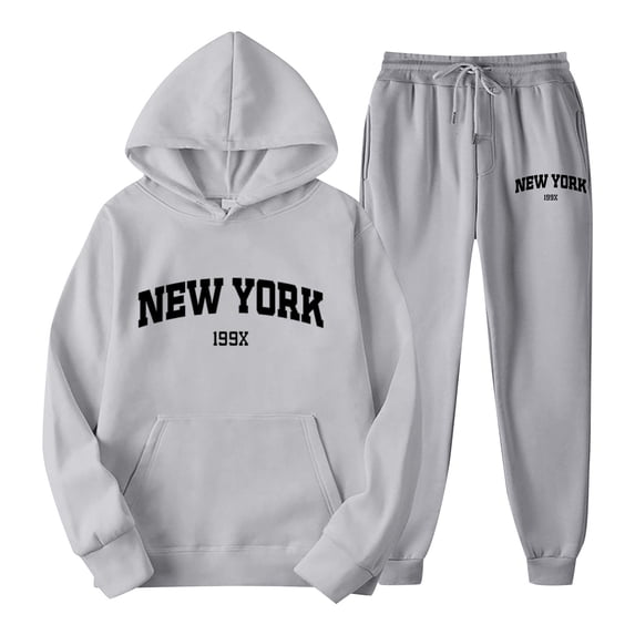 Wangmeiwg Women's Sweatshirts York Theme Unisex Letter Print Hoodie and Sweatpants Casual Wear Set Comfortable Stylish Matching Tracksuit for Couples Grey M