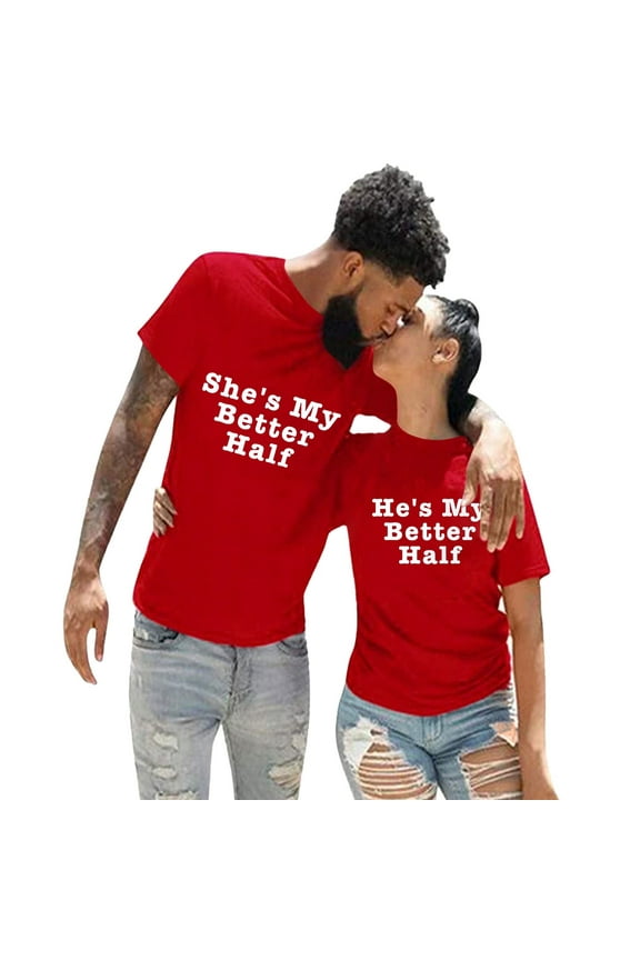 Women's T-Shirts Casual Solid Color With Interesting English Letter Print Round Neck Short Sleeve Lover's Clothes Boy She‘s My Better Half Red M