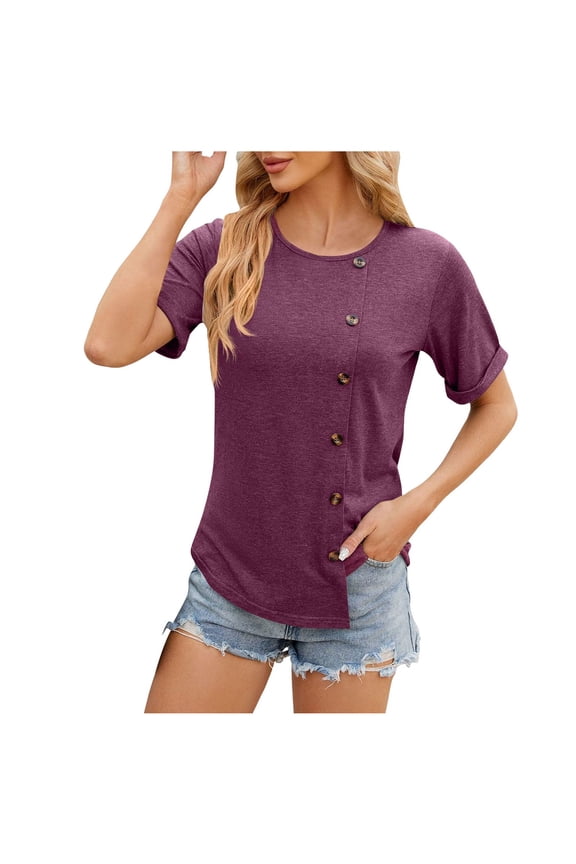 Women's T-Shirts Short Sleeve Round Neck Tee with Button Trim and Irregular Hem Tunic Blouse Casual L