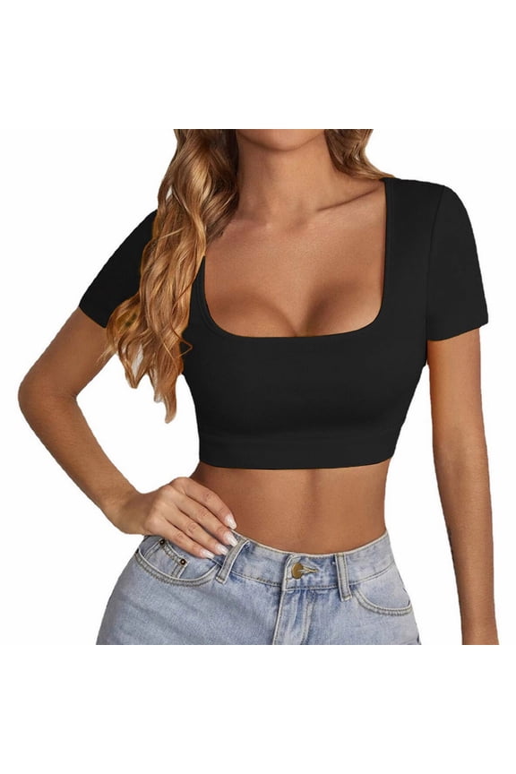 Women's T-Shirts - Short Sleeve Square Neck Tee Tops Slim Fit Solid T Shirt for Women Black M