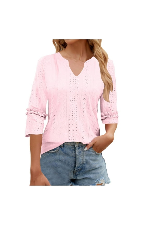 Women's T-Shirts Spring And Summer V Neck Lace Three Quarter Sleeve Loose Top for Women Title Spring And Summer V Neck Lace Three Quarter Sleeve Loose Top T Shirt For Women Pink XXL