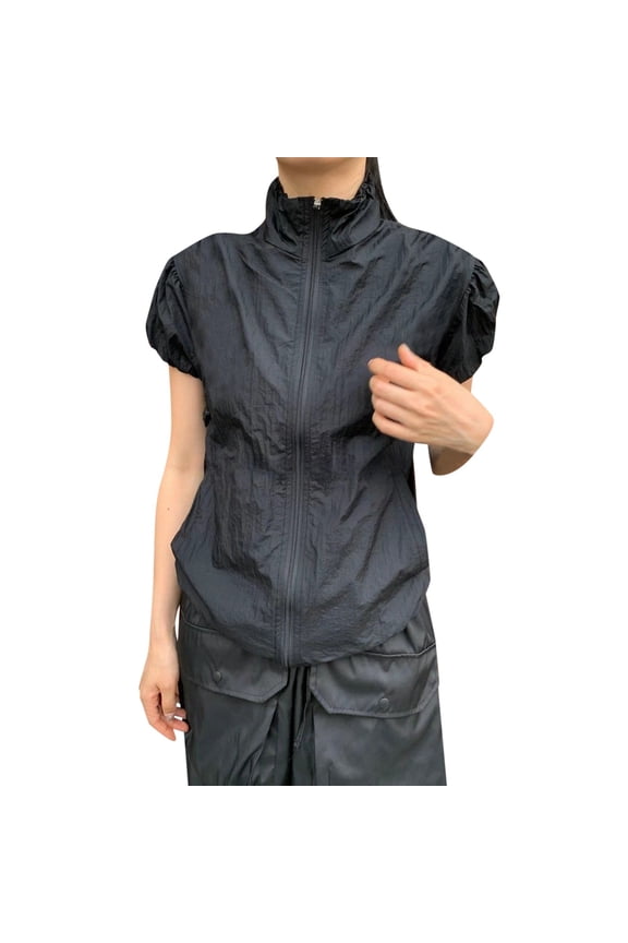 Women's T-Shirts — Street Retro Top Camping Style Thin Zipper Stand Up Neck Short Sleeve Sun Short T Shirt for Instagram Black M