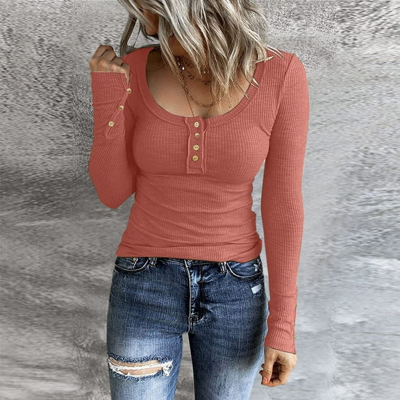 Wangmeiwg Women's T-Shirts T2 | Women Long Sleeve T Shirts Button Down Slim Fit Tops Neck Ribbed Knit Shirts Hot PinkXXL