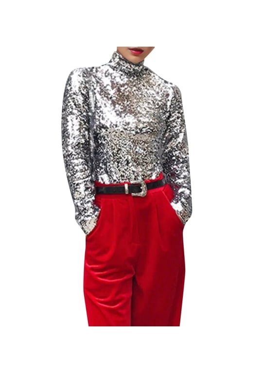 Women's T-Shirts - Title European And Bottoming Shirt High All Temperament Sequined Long Sleeved Top Silver M