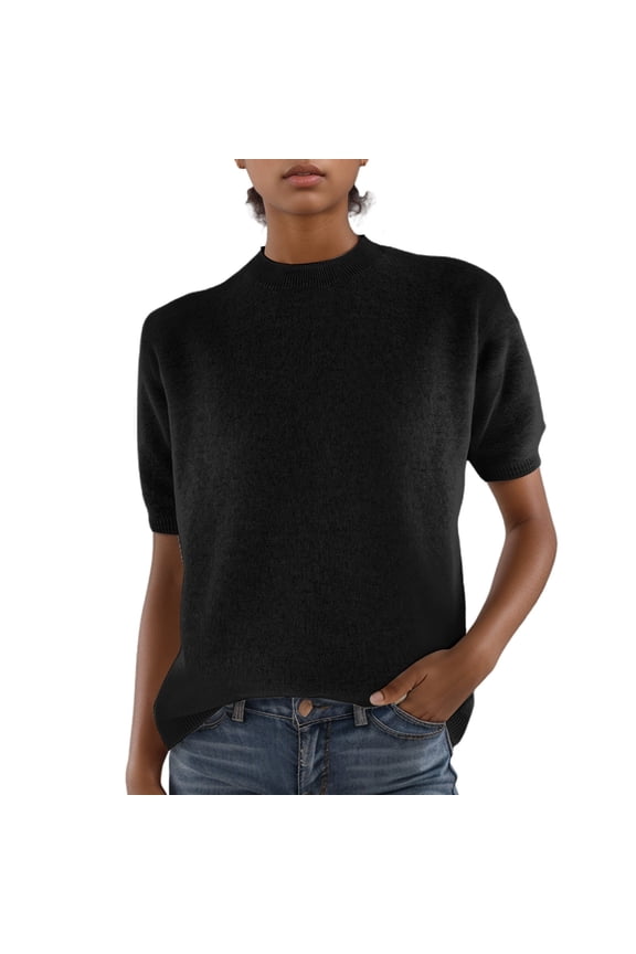 Women's T-Shirts | Title Women's Knitted Short Sleeved Low Round Neck Knitted Mid Sleeve Bottoming Shirt Black M