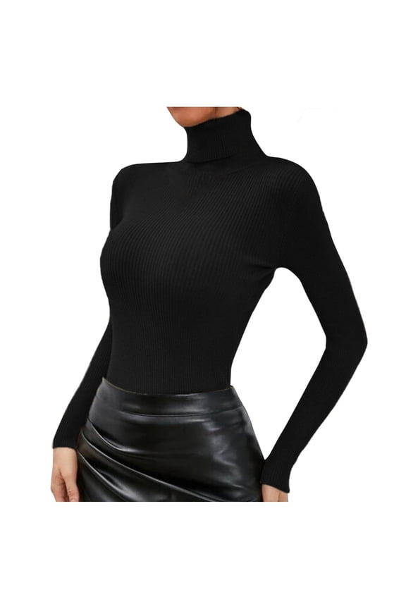 Women’s T-Shirts - Turtleneck Knitted Top with High Bottoming Neckline Solid Color Blouse for Women Black M
