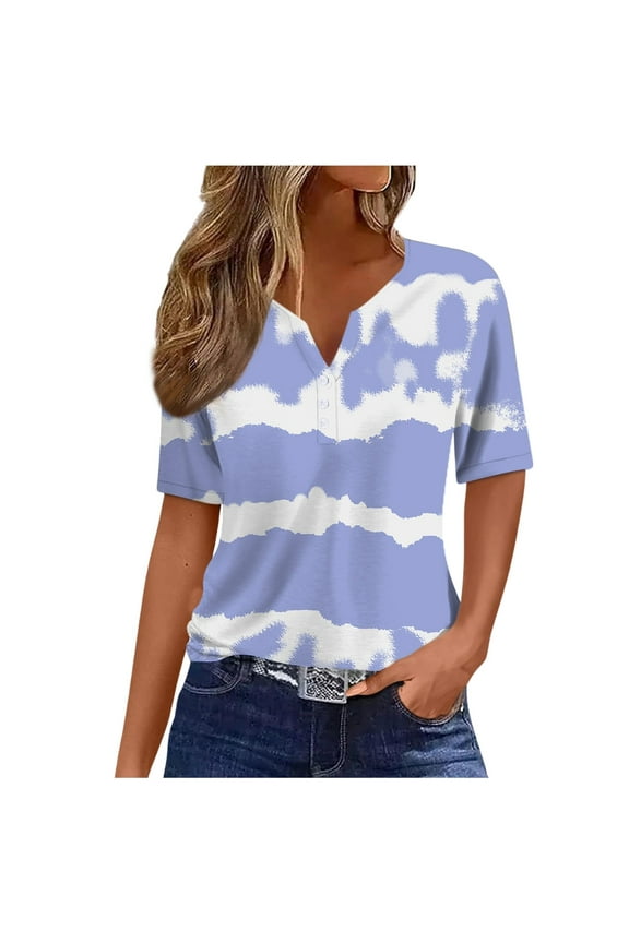 Women's T-Shirts V Neck Button Detail Short Sleeve Dressy Geometric Print Top for Modern Statement ( Dark Blue XXL