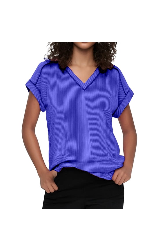 Women's T-Shirts - V Neck Cap Sleeve Ribbed Summer Tops for Women Casual Tee Blue M