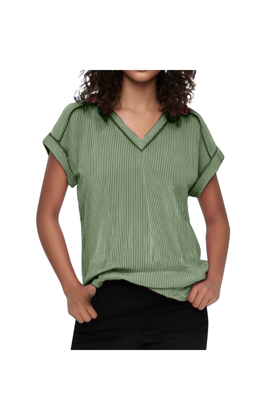 Women's T-Shirts - V Neck Cap Sleeve Ribbed Summer Tops for Women Casual Tee Green L