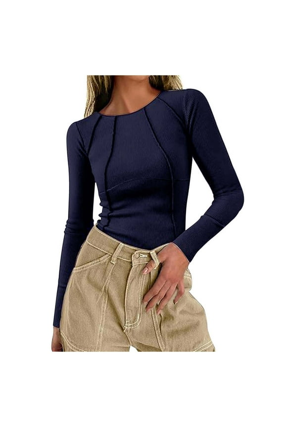 Women's T-Shirts | Women's Autumn Long Sleeved Ribbed Knit Casual Round Neck Slim Fit Seam Basic T Shirt Top Navy XS