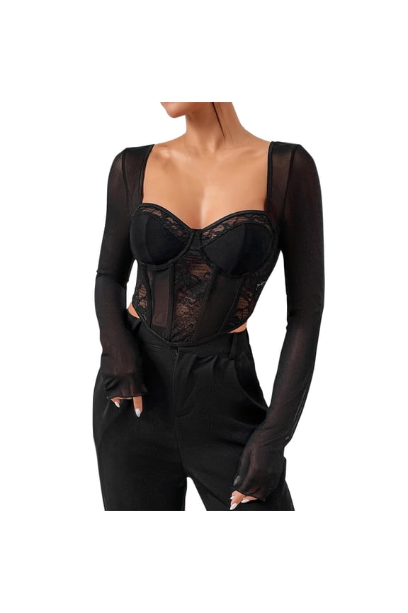 Women's T-Shirts - Women’s Slim Square Neck Top with Lace Mesh Detail Black Herringbone Long Sleeve Contemporary Shirt Black M