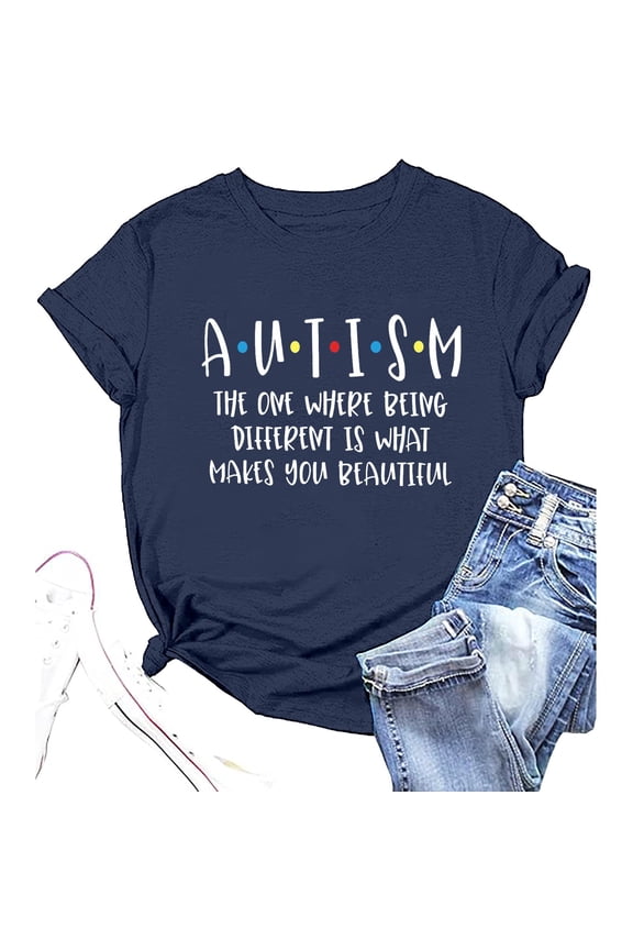 Women's T-Shirts - Women's Summer Casual Crew Neck Letter Printed T Shirt Conceptual Navy S