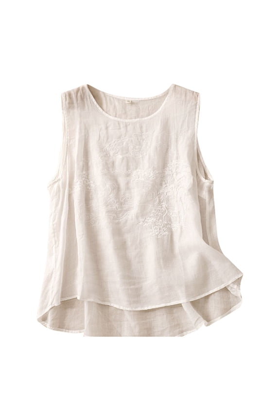 Women's T-Shirts Women's Versatile And Comfortable Loose Crewneck Suspender And Linen Embroidered Top Title White1 XXL