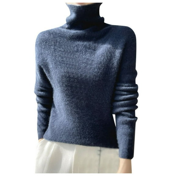 Wangmeiwg Women's Turtleneck Sweater for Autumn and Winter Slim Fit Knit Top with Soft Material and Elegant Solid Color Design Navy