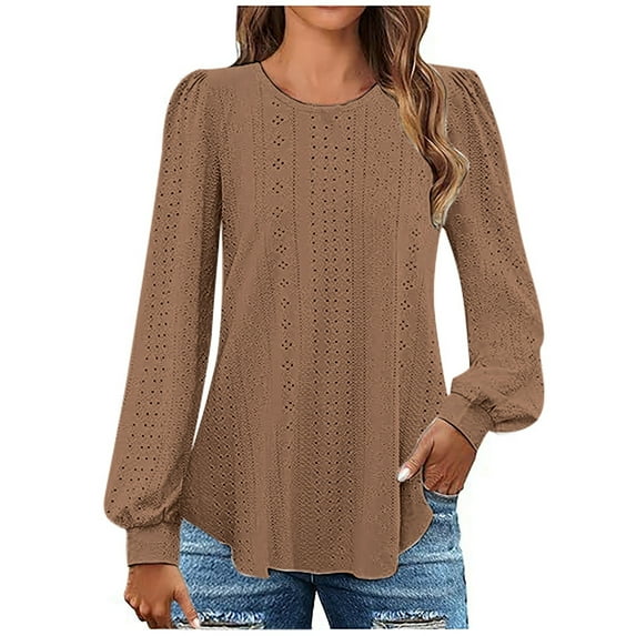 Wangmeiwg Womens Long Sleeve Eyelet Tops Crew Neck Fall Shirts Casual Loose Blouses Trendy Clothes Tops Long Sleeve for Women