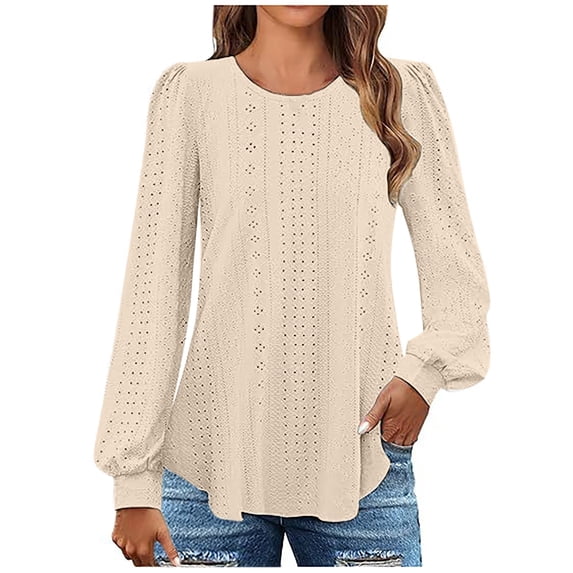 Wangmeiwg Womens Long Sleeve Eyelet Tops Crew Neck Fall Shirts Casual Loose Blouses Trendy Clothes Tops Long Sleeve for Women