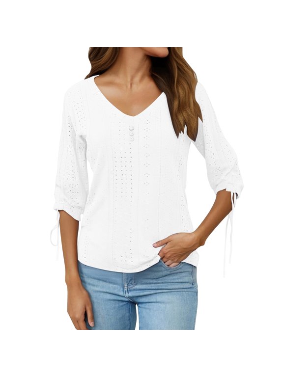 Womens T Shirts, Casual V Neck Jacquard Crinkle Ruffle Drawstring Three Quarter Sleeve Fashion Tee Top Suprema White XXXL
