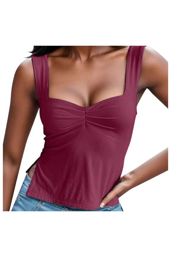 Womens T Shirts, Women s Soft Sleeveless Crop Tank Top with Pleated Bustier Neck Strappy Slits and Cropped Vest for Modern Spring and Summer Wardrobe Red L