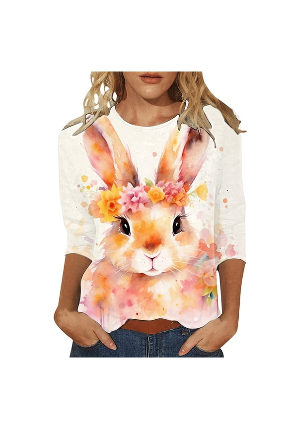 Womens T Shirts, Women's T-Shirt for Spring and Summer Featuring Easter Bunny Print - Soft Three Quarter Sleeve Top for Casual Yellow M