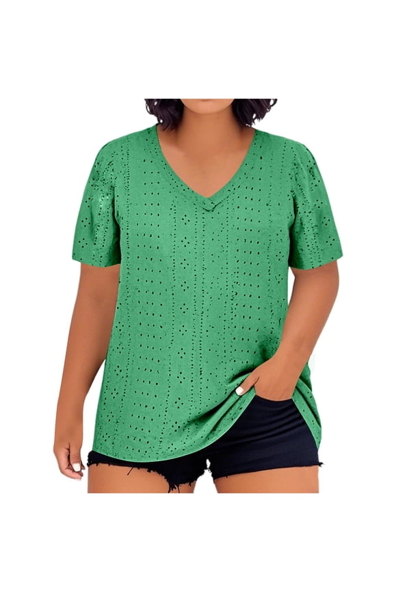 Womens T Shirts, Women's T-Shirts | Plus Size V Neck Solid Color Short Sleeve Loose Fit Top for Casual Wear | Platform Competitors Highlight Green L