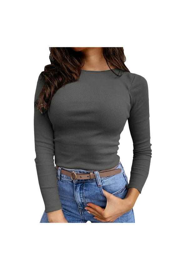 Womens T Shirts, Women's T-Shirts | Title Long Sleeve Stretch Crewneck Ribbed T Shirt for Women - Fitted Casual Top Dark Gray M