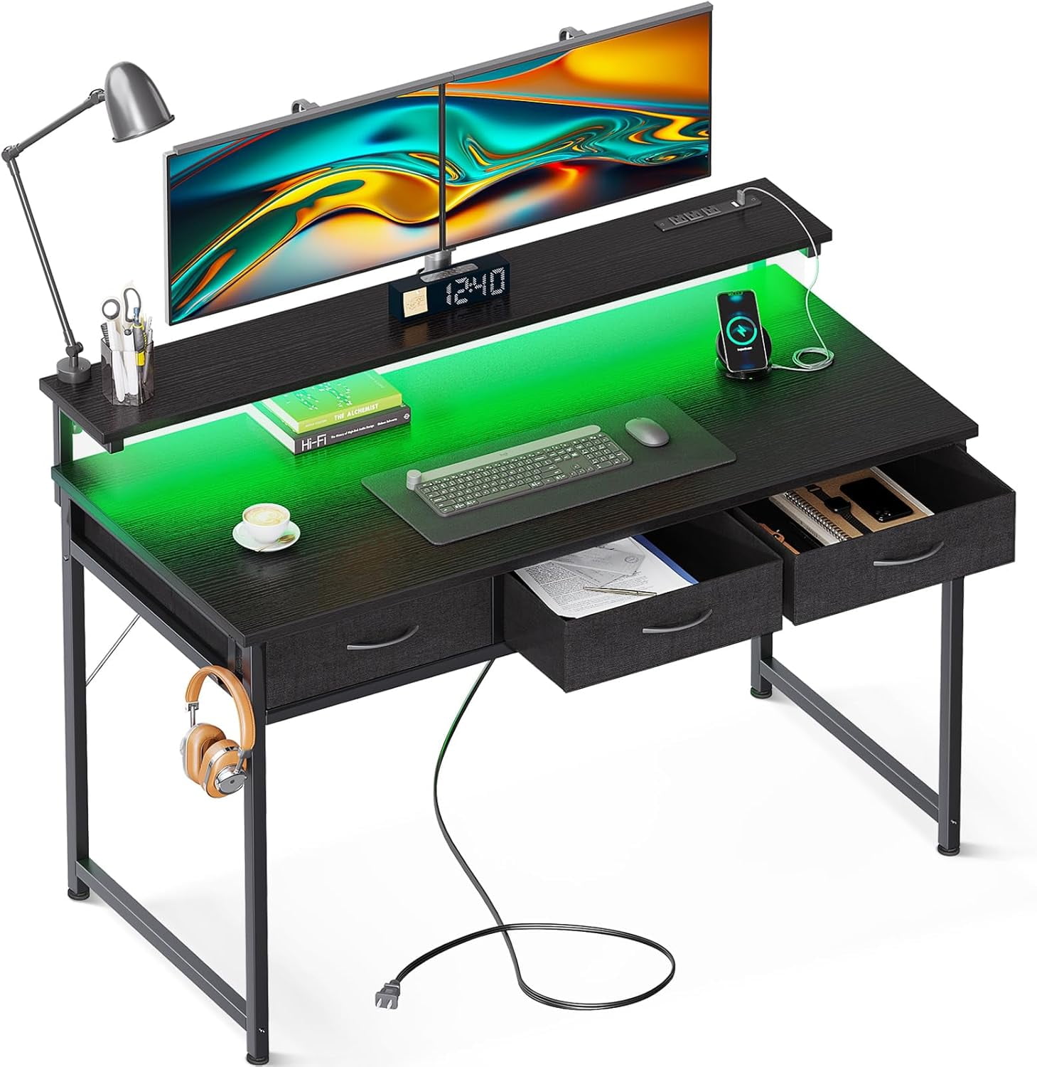 Wangood 48 Inch Computer Desk with 3 Drawers and USB Power Outlets ...