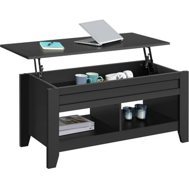 Wangood Black Wood Coffee Table Lift Up Coffee Table w/Hidden Storage & 2 Open Shelves for Living Room Reception Room Office, 41in L