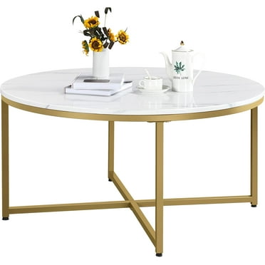 Wangood Faux Marble Coffee Table, 35.5in Round Coffee Table with Metal Legs for Living Room, Modern Center Table for Home & Office, White and Gold