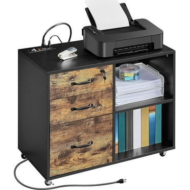 Wangood Filing Cabinet with Charging Station, Lateral File Cabinets Printer Stand with 3 Drawers, for Home and Office Black/Rustic Brown