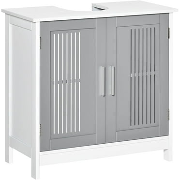 Wangood Modern Under Sink Cabinet with 2 Doors, Pedestal Under Sink Bathroom Cupboard, Bathroom Vanity Cabinet with Adjustable Shelves-White, Gray