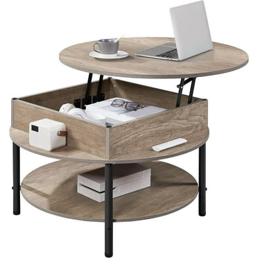 Wangood Round Lift Top Coffee Table with Hidden Compartment & Storage Shelf, 2-Tier Rising Tabletop for Living Room Reception Room, Midcentury Modern Center Tables, Gray