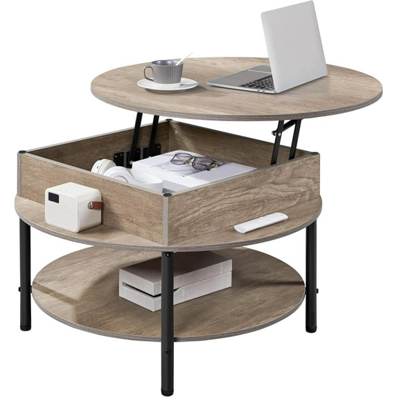 Wangood Round Lift Top Coffee Table with Hidden Compartment & Storage Shelf, 2-Tier Rising Tabletop for Living Room Reception Room, Midcentury Modern Center Tables, Gray