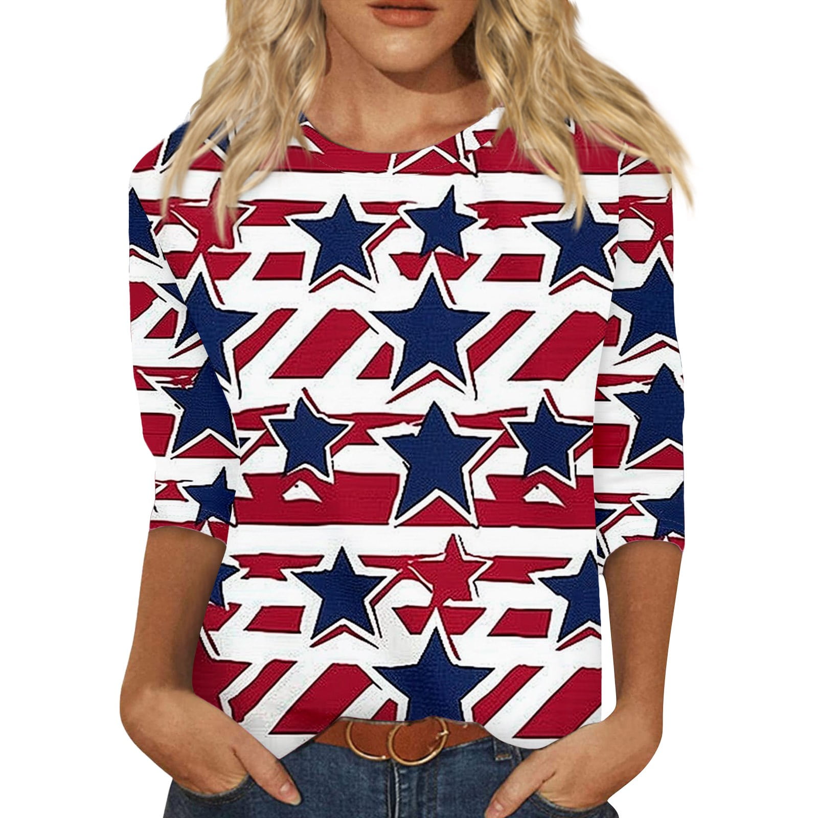 Wangxldd 4th of July 2024 Women's Tops 3/4 Sleeve Star Stripes Printed