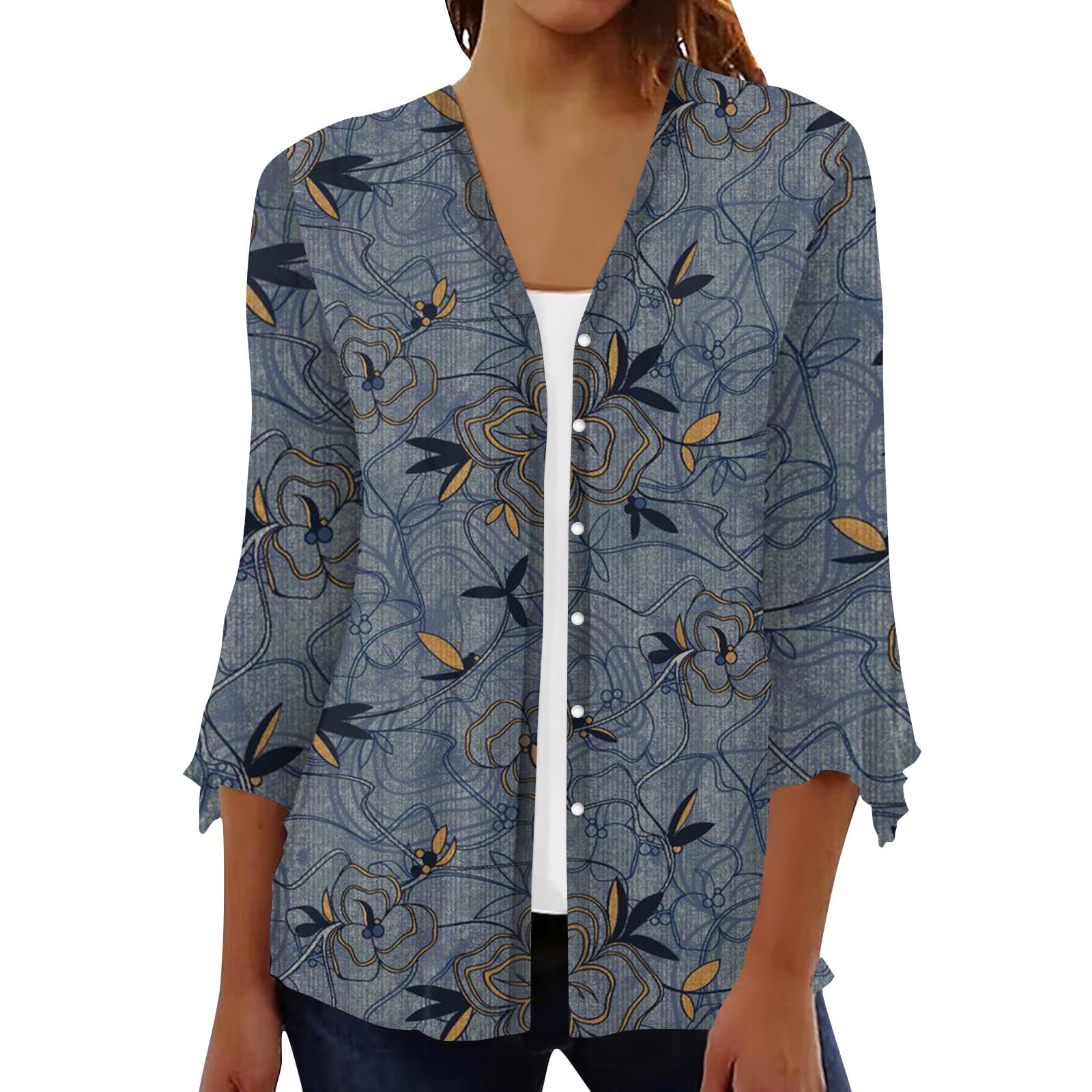 Wangxldd Cardigan Sweaters for Women Lightweight 3 4 Sleeve 4x Plus Size Summer Cardigan Open Front Shrug Cardigan Floral Print Dressy Casual Boho Cotton Cardigans Dark Gray L Walmart