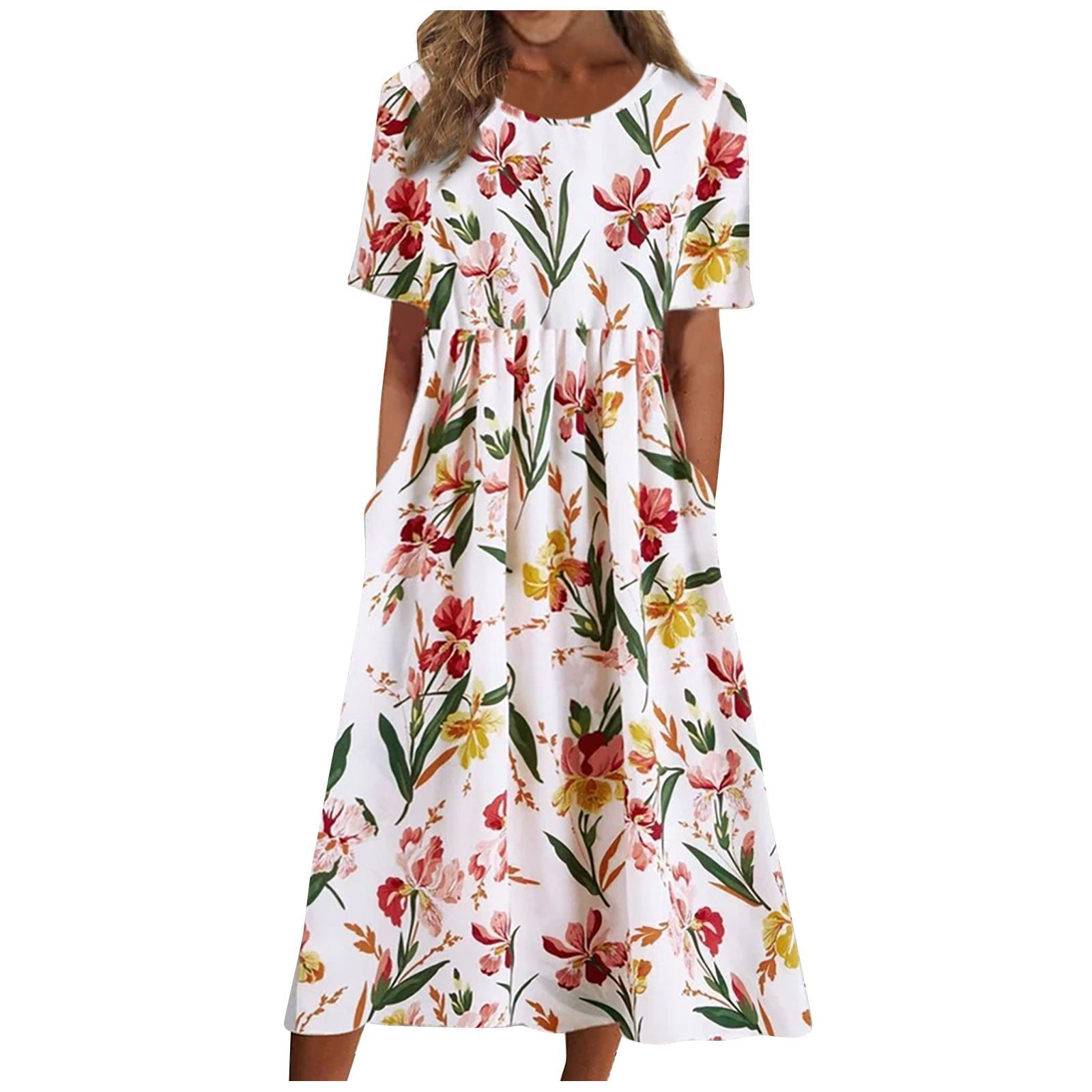 Wangxldd Midi Dresses for Women Casual Trendy Crew Neck Floral Print