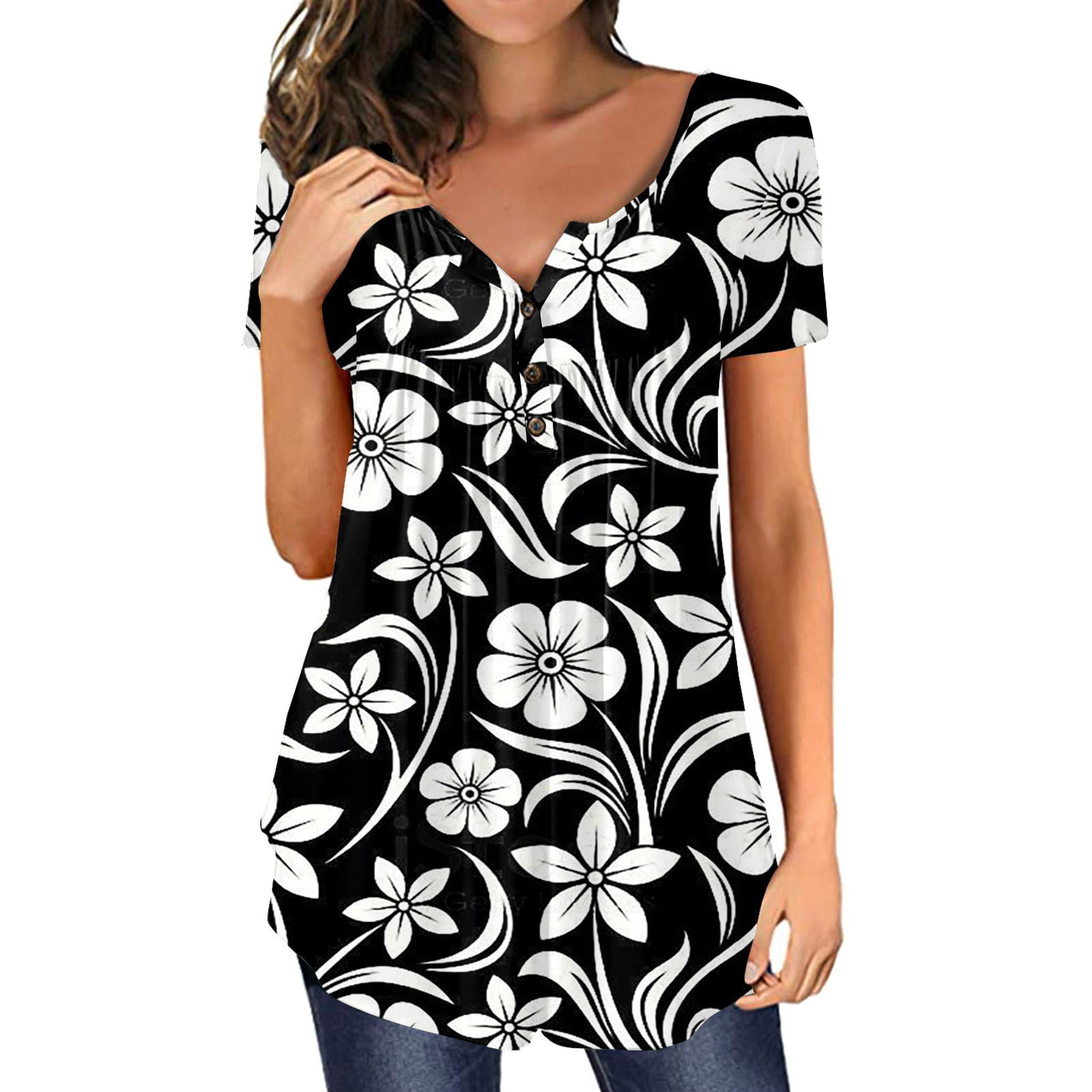 Wangxldd Women's 2024 Summer Henley V Neck Button Up Tunic Ladies Loose ...