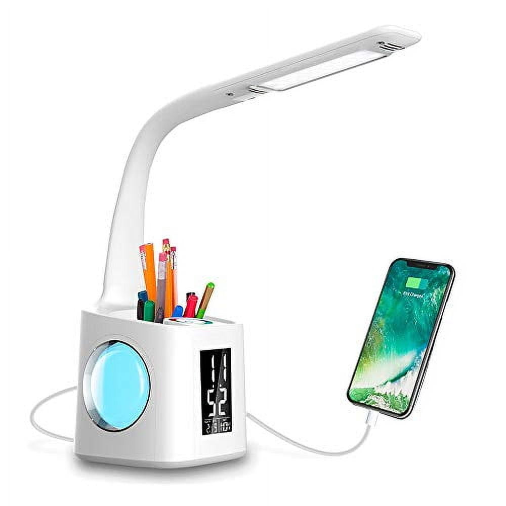 White Adjustable Kids LED Desk Lamp with USB Port and Pen Holder