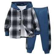 WANLEX Boy Clothes 5T Toddler Outfits for Boys Toddler Boy Clothes Plaid Hooded Shirt - 2 Piece Outfit: Button Front Toddler Hoodie & Sweatpants Set(Blue,6Y)