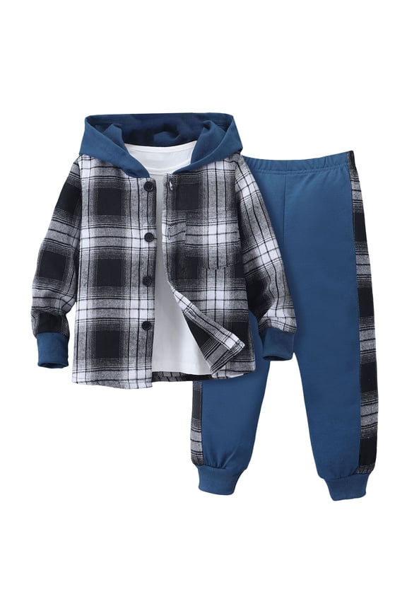 Fall Out Boy Boys 3T Outfits Toddler Boy Clothes Plaid Hooded Shirt - 2 Piece Outfit: Button Front Toddler Hoodie & Sweatpants Set(Blue,4Y)
